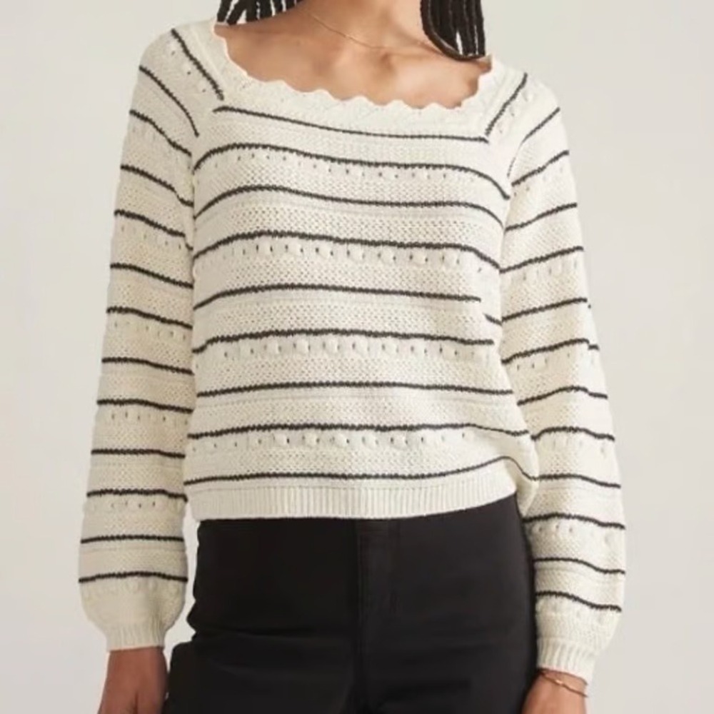 Marine Layer Sara Crochet Crop Top Ivory Black Striped Scalloped Neck Size XS